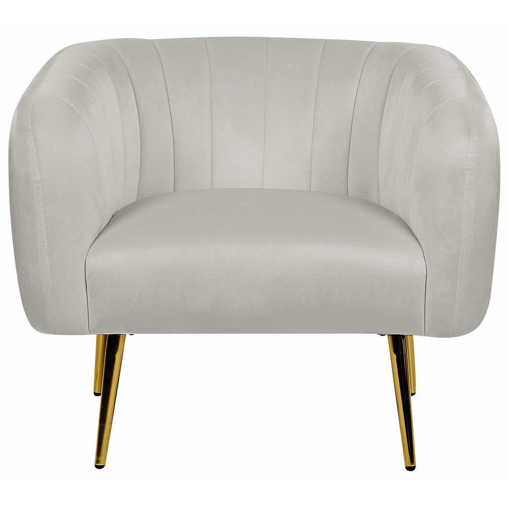 Poltrona Velluto Grigio Chiaro Struttura in Metallo Dorato con Schienale Tondo Stile Glam