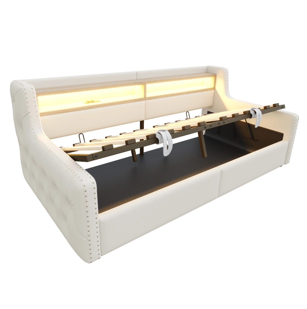 Divano letto 90x200 cm con contenitore idraulico, LED e velluto beige