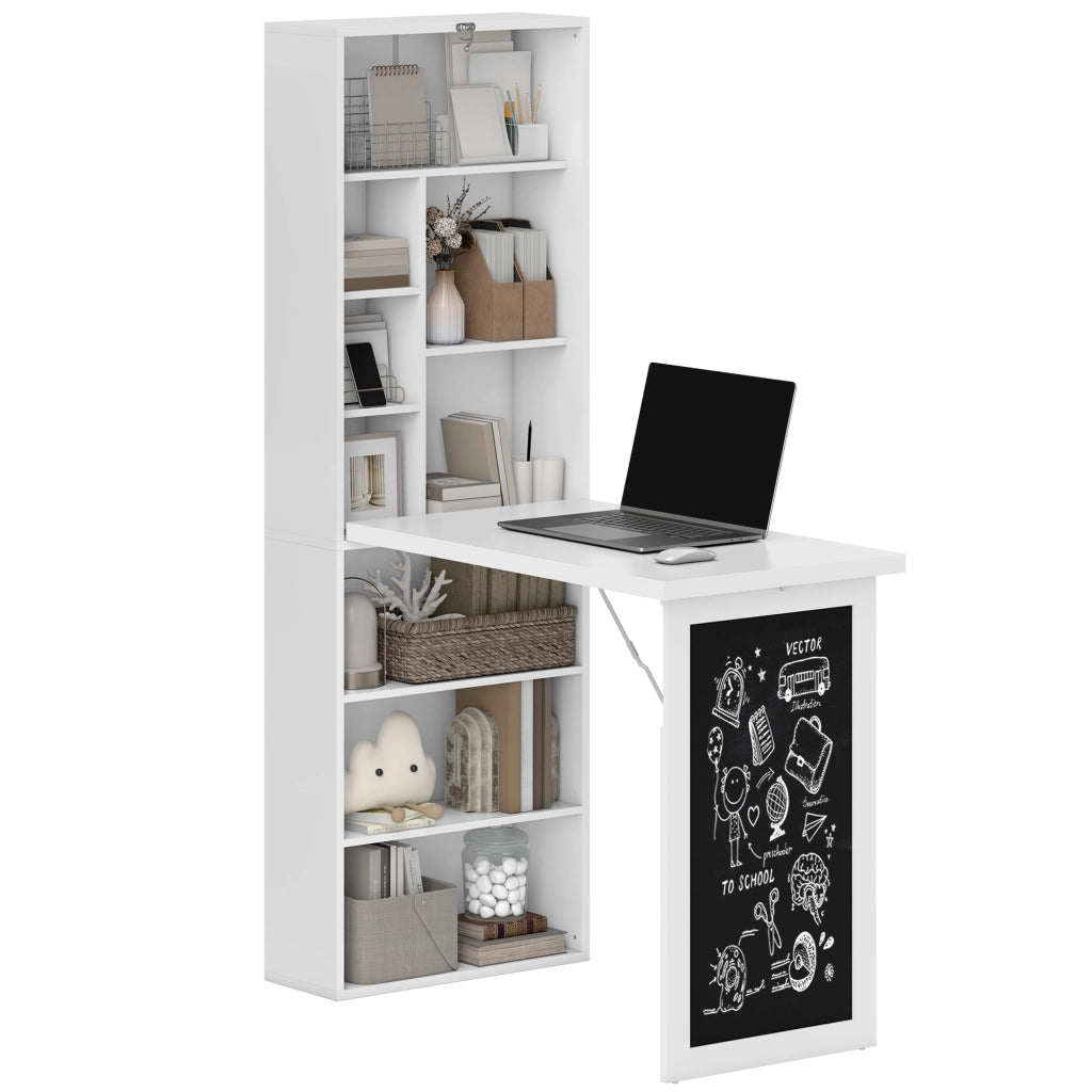 Scrivania PC Pieghevole con Libreria a 9 Ripiani in Legno e Metallo. 98x51x153 cm. Bianco