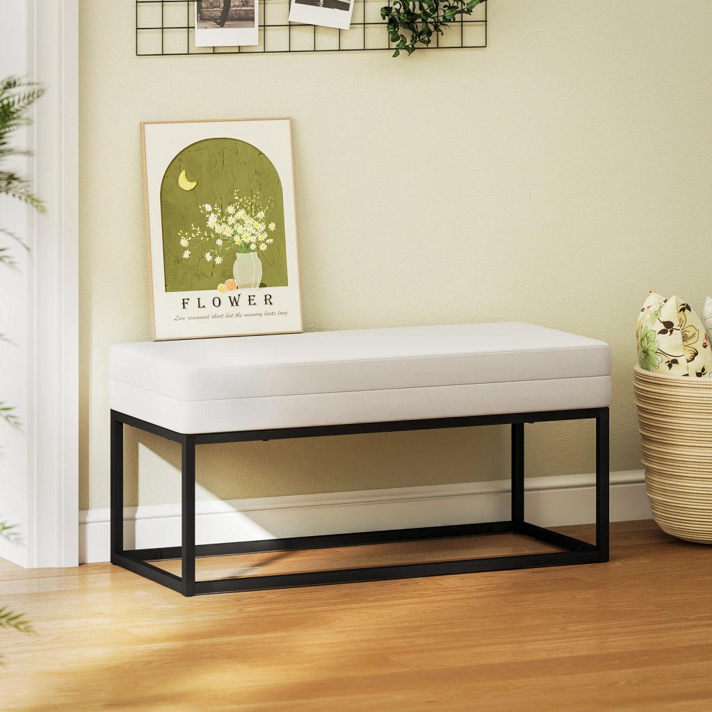 Panca da Ingresso Moderna con Appendiabiti ¨C Zephmum ¨C Acciaio Grigio, Velluto Crema, 94x42x44 cm