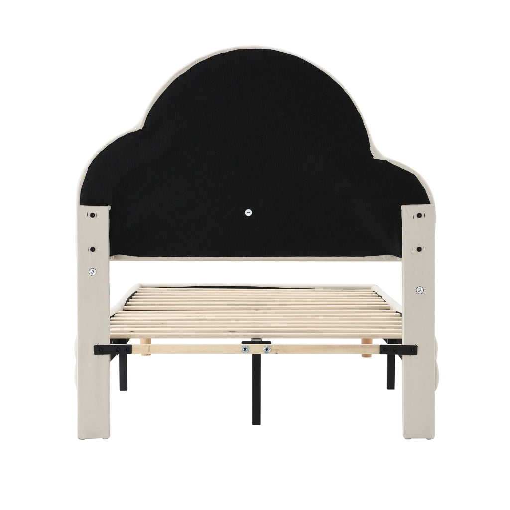 Lit enfant 90x200 cm en velours beige avec tête de lit nuage; éclairage LED multicolore et sommier à lattes