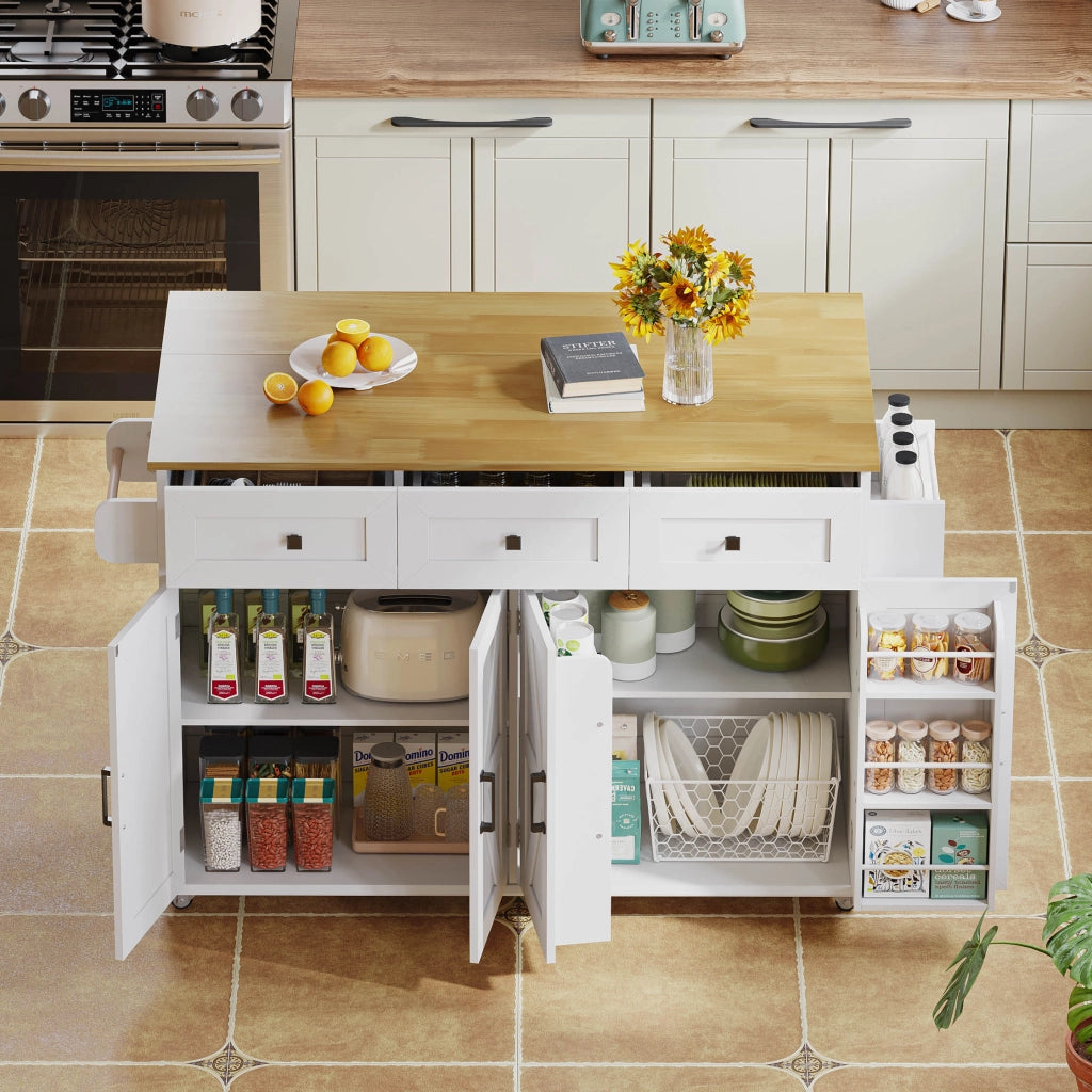 Isola Cucina Pieghevole con Ruote ¨C MINIMAL ¨C Bianco, 4 Porte, 3 Cassetti, 140x43x90.5 cm
