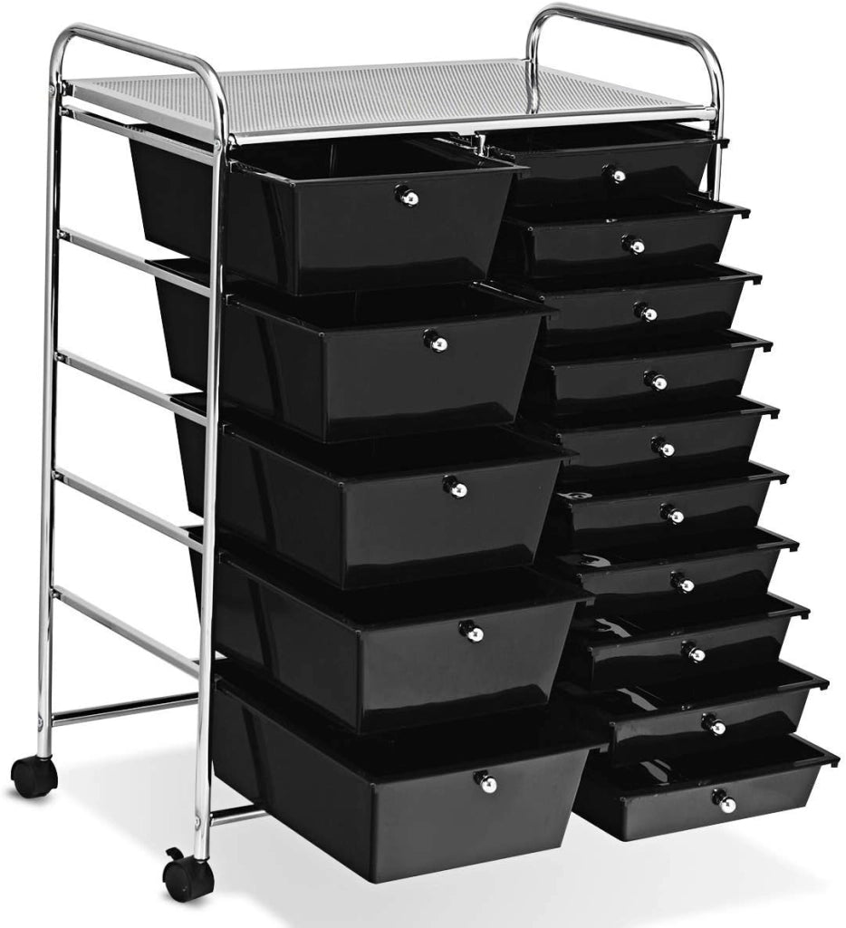 Carrello con 15 Cassetti Impilabili, Carrello di Stoccaggio con Ruote, Carello Portaoggetti per Casa e Ufficio, 62,5 x 37 x 87 cm (Nero)