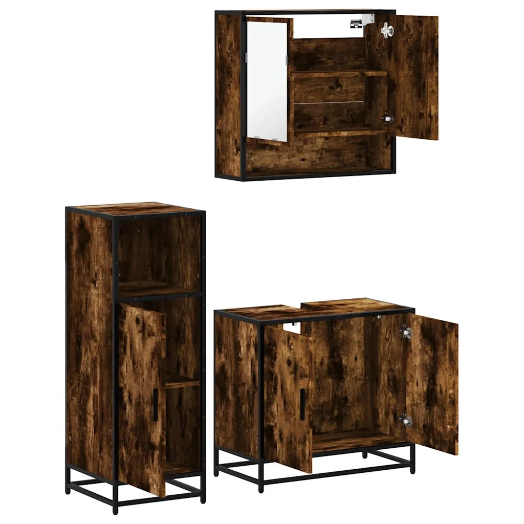 Set Mobili da Bagno 3 pz Rovere Fumo in Legno Multistrato 3300977