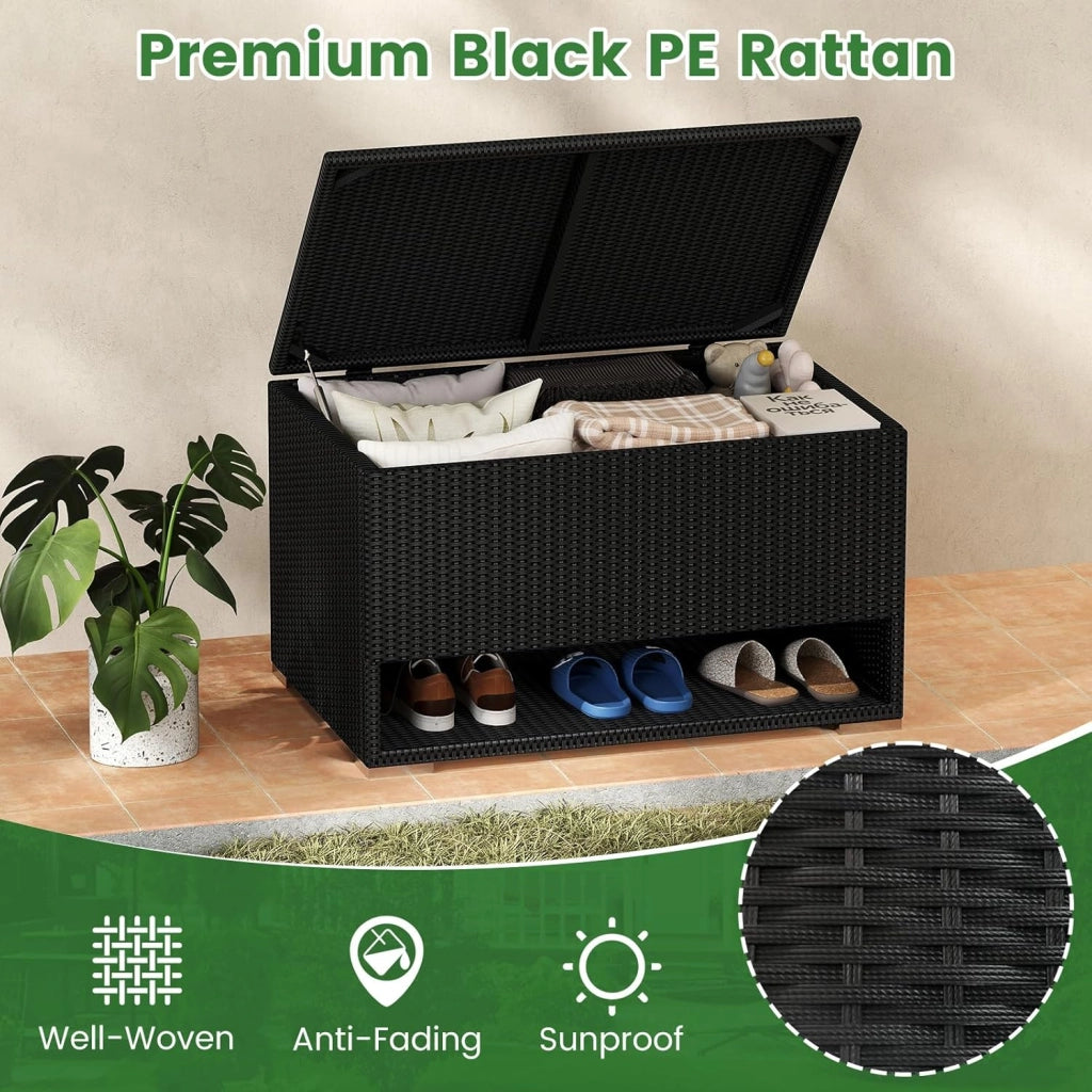 Cassapanca in rattan PE da esterno da 186 litri, con ripiano per scarpiera, fodera protettiva impermeabile, 95 x 60 x 58 cm, scatola per giardino, balcone, patio (nero)