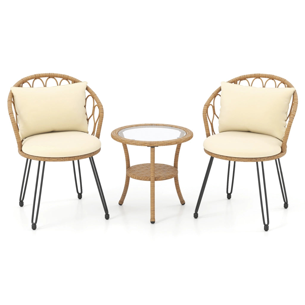 Set bistrò pe rattan 3 pz cuscini tavolino vetro temperato-Set conversazione 2 livelli sedie rattan mobili esterni balcone terrazza giardino