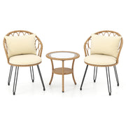 Set bistrò pe rattan 3 pz cuscini tavolino vetro temperato-Set conversazione 2 livelli sedie rattan mobili esterni balcone terrazza giardino