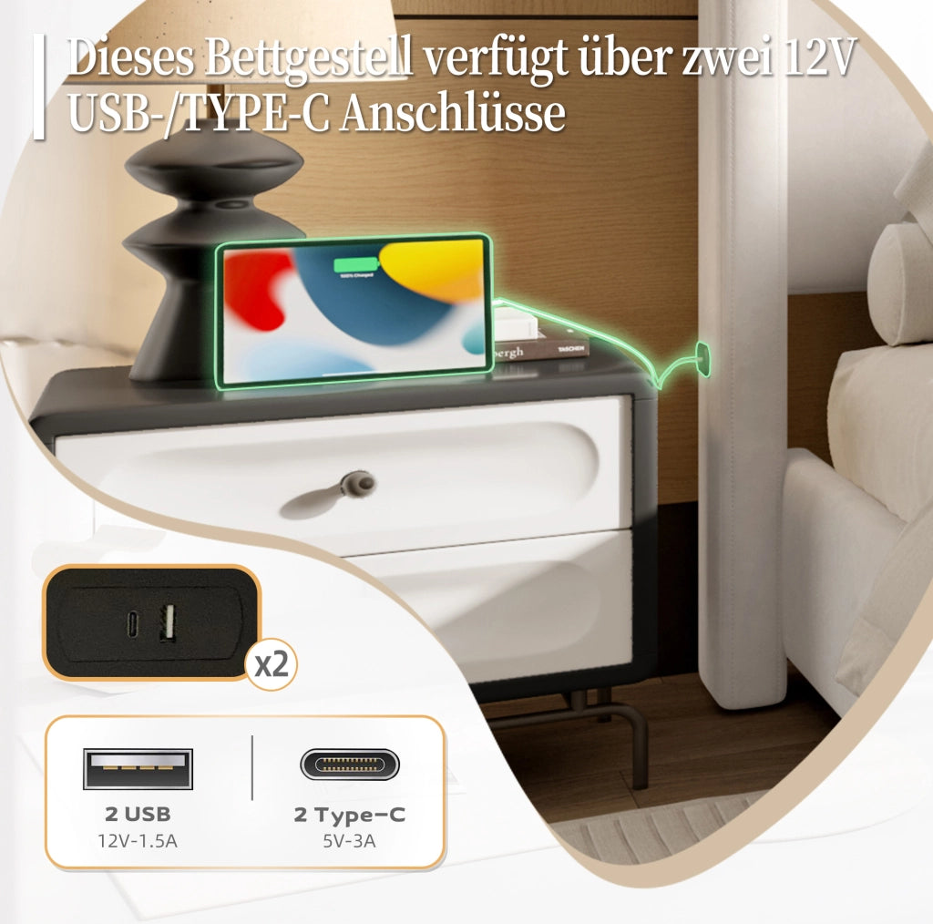 Letto matrimoniale 140x200 cm in velluto beige con USB/Type-C