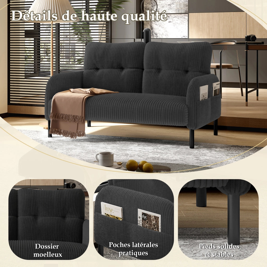 Divano 2 Posti con Schienale Ergonomico e Tasca Laterale; in Velluto a Coste; Grigio; 120 × 75 × 79 cm