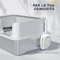 Lettiera per Gatti con Bordi Rialzati, Vassoio e Paletta, in Acciaio Inox e PP, 60x40x28 cm, Grigio Chiaro