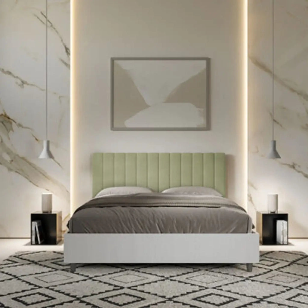 Letto matrimoniale senza rete 160x200 bianco frassino testata microfibra tè verde Kaia