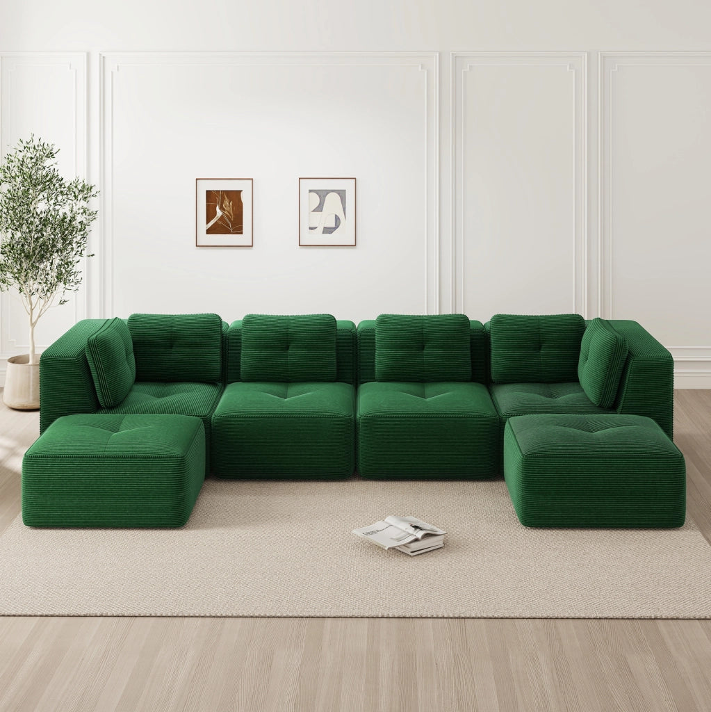 Divano modulare a U 386x104x69 cm in tessuto a coste verde con ottomana