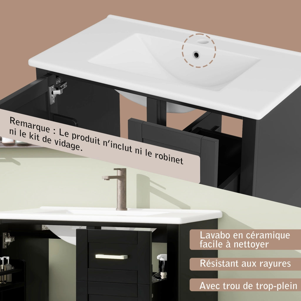 Mobile sottolavabo con lavabo in ceramica, 3 ante, 1 cassetto e ripiano regolabile, per bagno, nero, 76 × 45,5 × 83,5 cm
