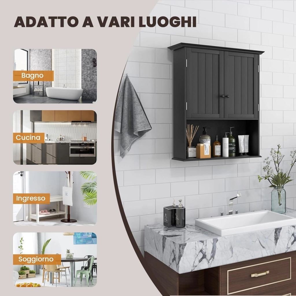 Mobiletto Pensile da Bagno, Mobile Armadietto Bagno sospeso con 2 Porte, Armadietto a Muro delle Medicine, Mensola Regolabile, Capacità di 30 kg (Nero)