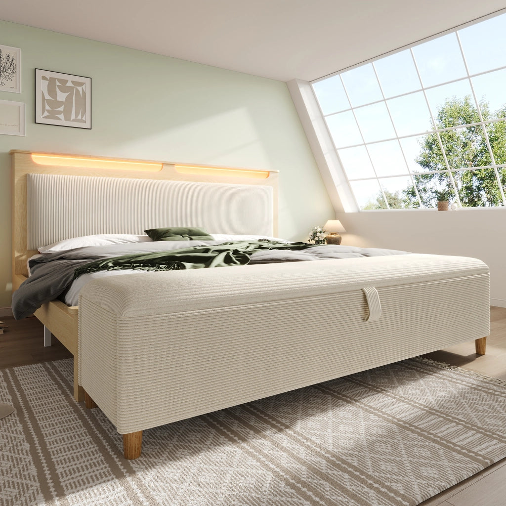 LETTO matrimoniale 160x200 cm con materasso, LED, panca contenitore, rovere chiaro e beige