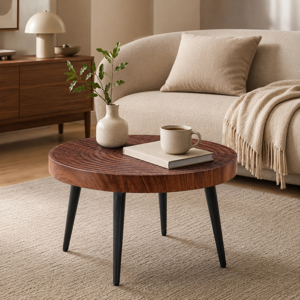 Tavolino da caffè rotondo ? 60 cm in MDF effetto noce e metallo nero