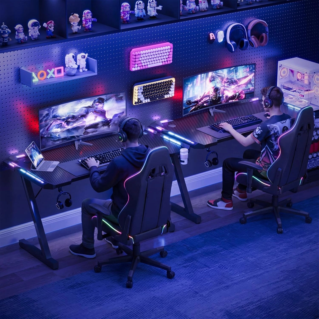 160 x 60cm Scrivania Gaming LED, Tavolo Gaming Ergonomica, Scrivania per Computer con Porta Bicchiere e Ganci per Cuffie, Postazione con Piano del Tavolo in Fibra di Carbonio, Nero