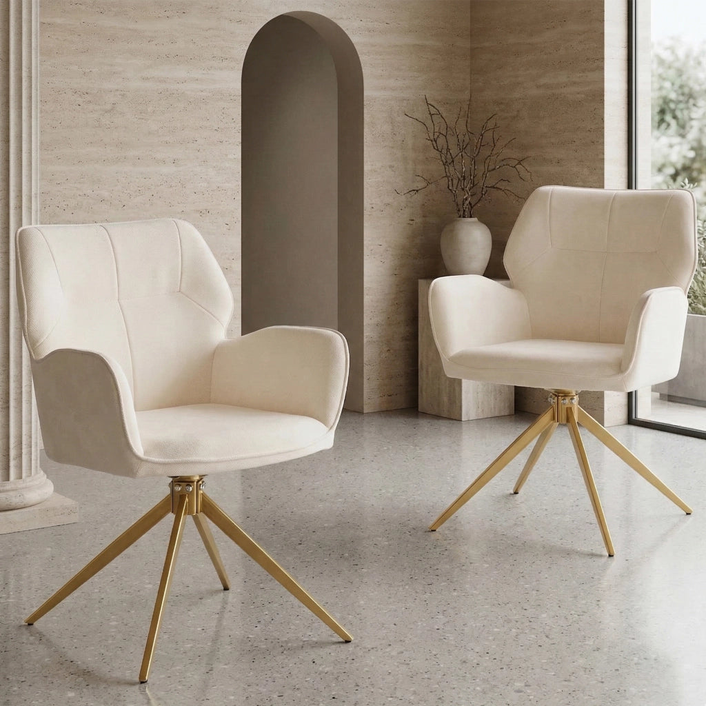 Sedia da Pranzo Girevole Set 2 ¨C MINIMAL ¨C Velluto Crema, Gambe in Metallo