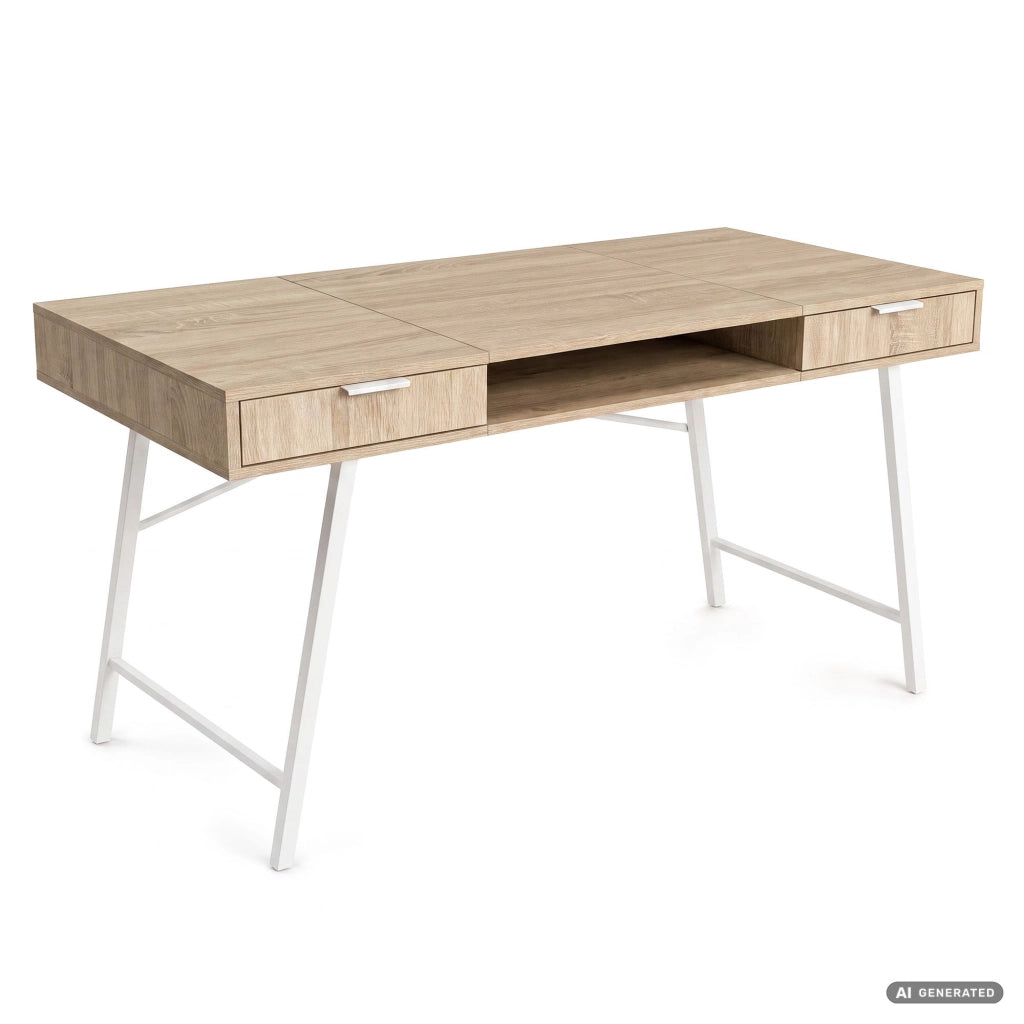 Scrivania industriale per computer Rovere Sonoma ARDEN 120 cm 2 cassetti 1 ripiano gambe bianche