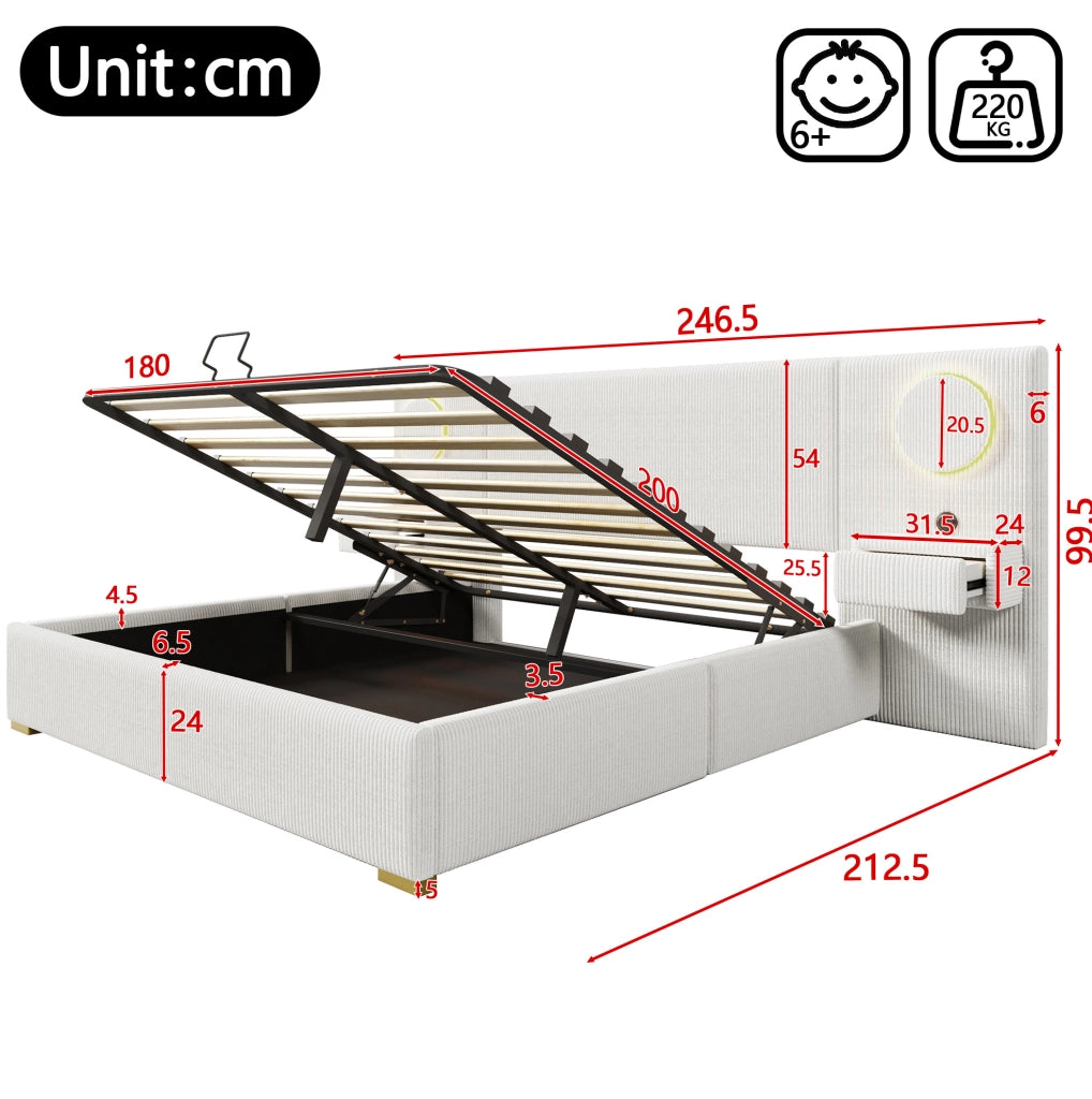 Letto imbottito beige 180 x 200 cm con LED, USB e vano contenitore