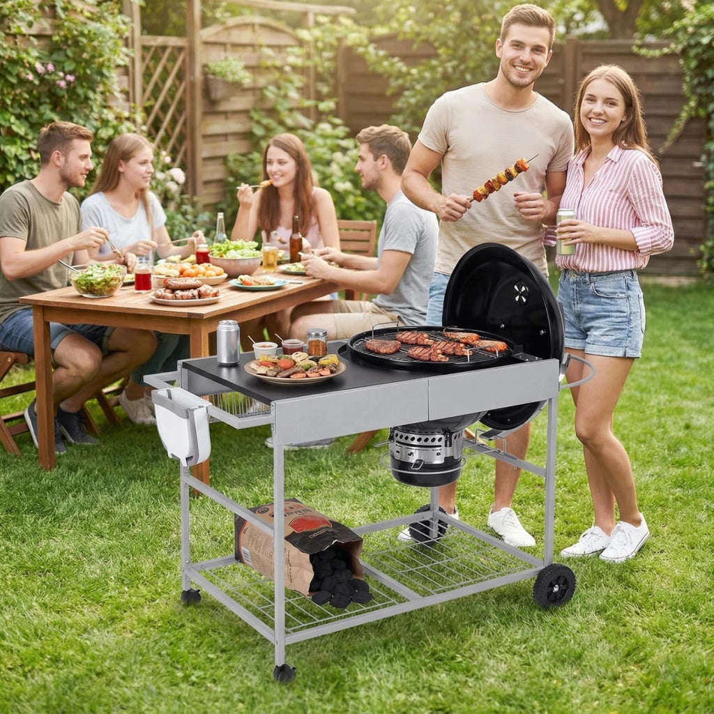 Carrello per Barbecue da Esterno, Tavolo Mobile per Barbecue con Ripiano a Rete, Porta Spezie, Portarotolo e Supporto per Sacchetti, Carrello da Cucina in Acciaio Inox, 141 x 62 x 80 cm