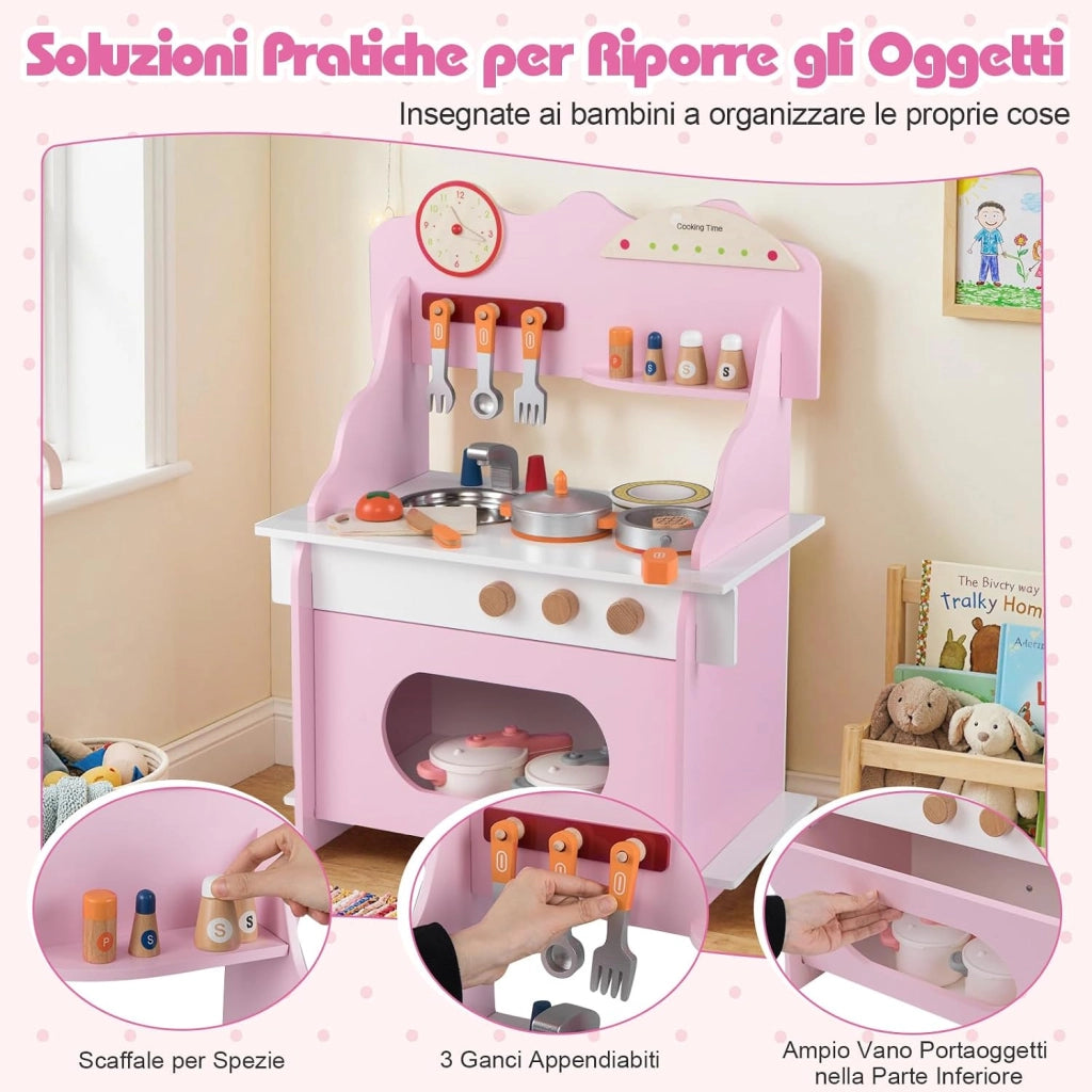 Cucina Giocattolo in Legno per Bambini, Set Gioco di Finzione con Orologio, Fornello, Porta Spezie e Accessori Completi, per Bambini 3+ Anni, 52 x 29,5 x 71 cm (Rosa + Bianco)