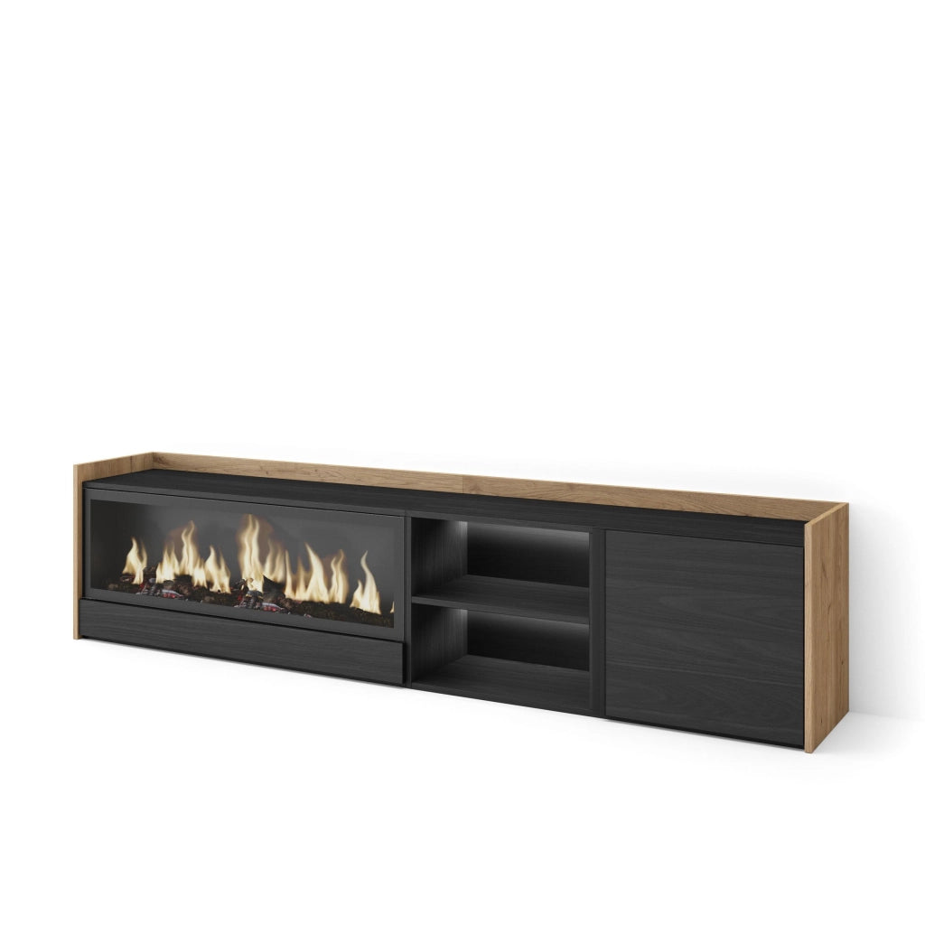 Mobile TV Soggiorno, 212x50x35 cm, Per TV fino a 80", Camino elettrico XXL, LED, Nero e rovere
