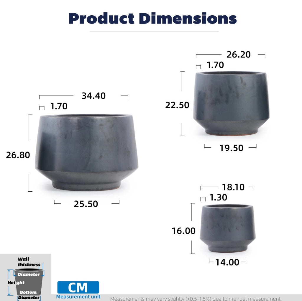 Set di 3 vasi in ceramica nera opaca Ø 38/28/22 cm, con foro di drenaggio