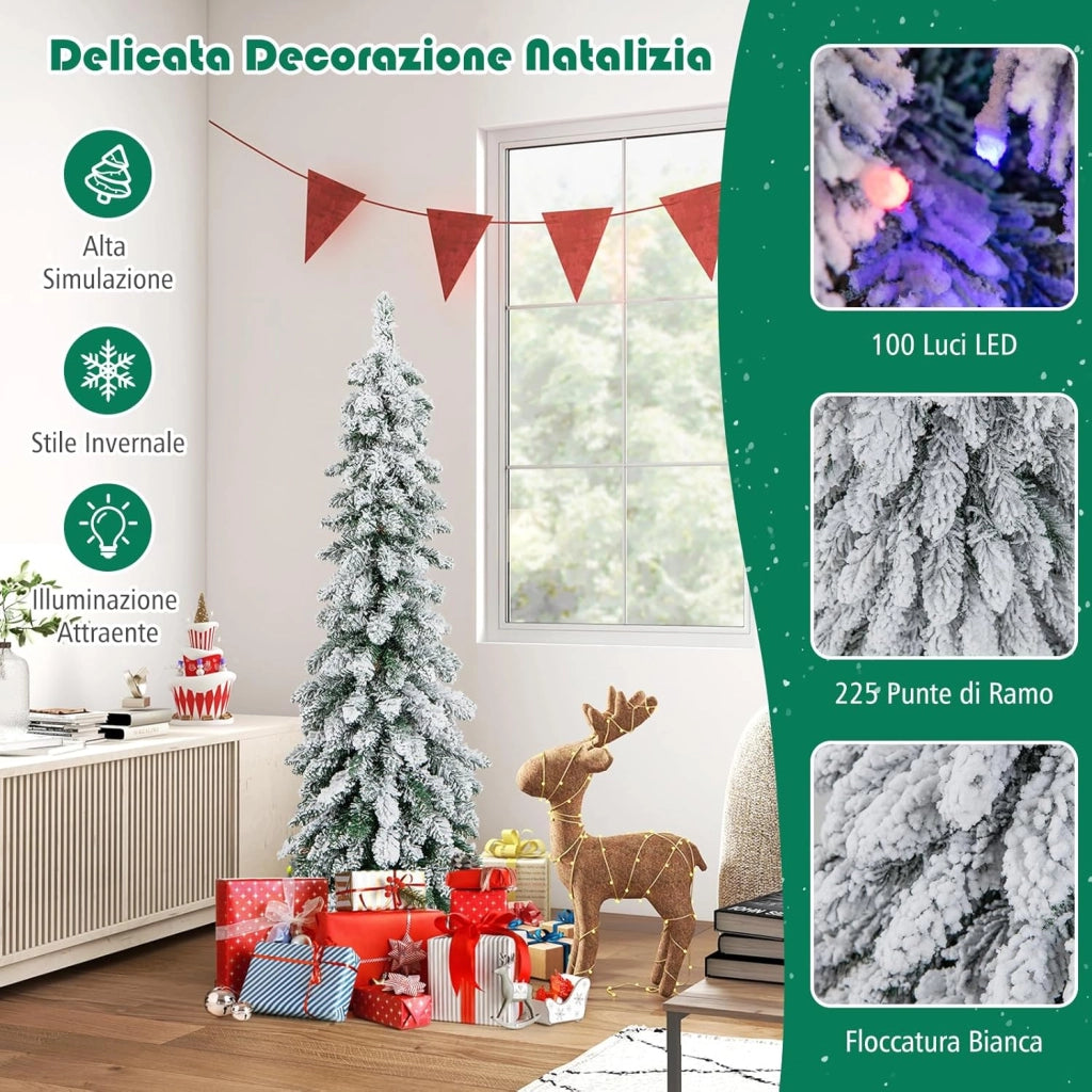 Albero di Natale Slim 120/150 CM, Albero di Natale Innevato con 225/334 Punte PVC, Timer, 100/150 Luci LED a 2 Colori e 11 Modalità di Illuminazione, Decorazione Natalizia Ideale (120 CM)