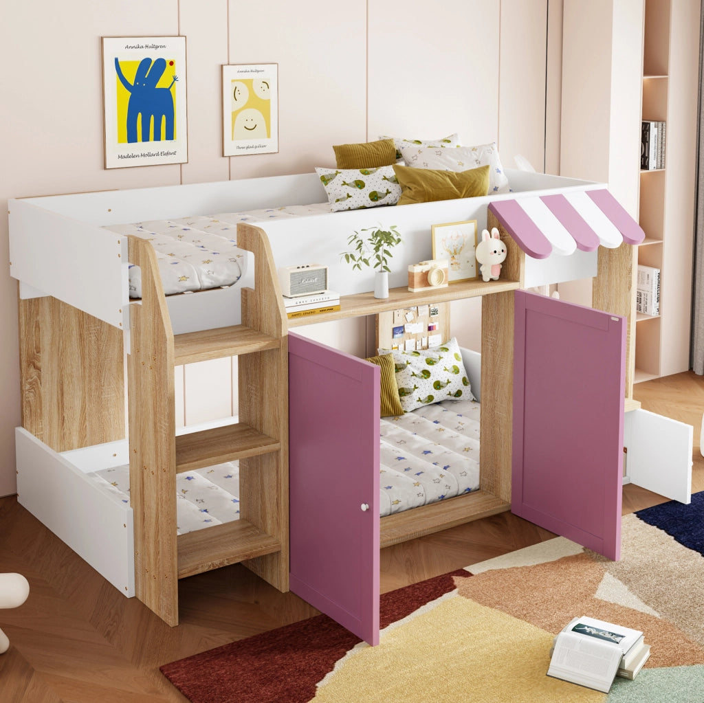 Letto a soppalco 90x200 cm con scala e vano contenitore in legno bianco e rosa