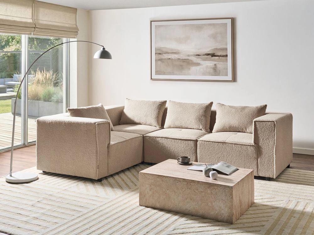 Divano a 4 posti in tessuto bouclè beige modulare lato destro stile minimale moderno