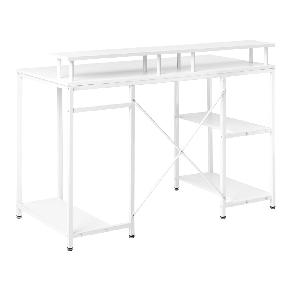 Scrivania con piano in MDF bianco, gambe e struttura in ferro verniciato a polvere, 3 ripiani per aggiungere spazio di archiviazione, moderna