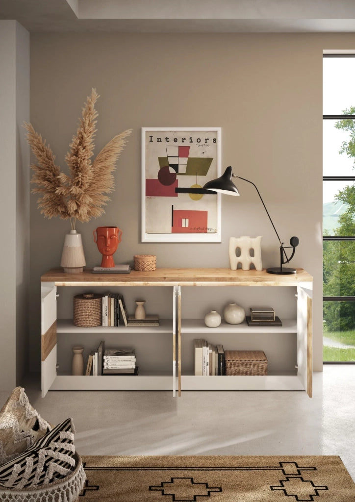 Madia 4 ante Bianco/Cadiz Linea ISCHIA L 210 x H 84 x P 44, realizzato in legno 100% MADE IN ITALY, design moderno per cucina, sala da pranzo, soggiorno colore Bianco/Cadiz