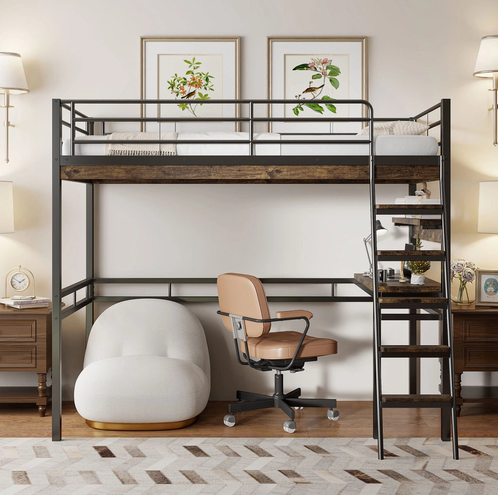 Letto a soppalco 90x200 cm con scrivania e ripiani; struttura in metallo nero (Senza materasso)