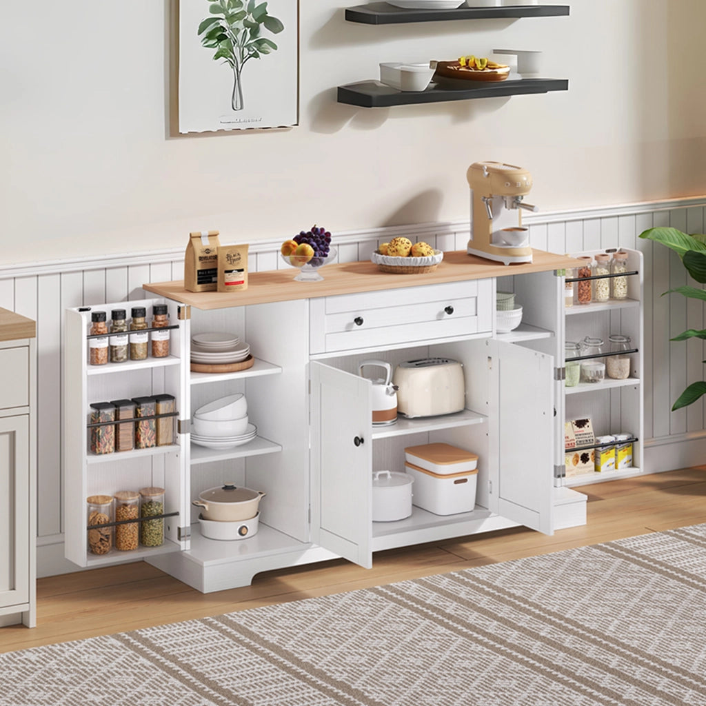 Credenza moderna 138 cm con cassetto, ante e ripiani regolabili, MDF Natural/Bianco