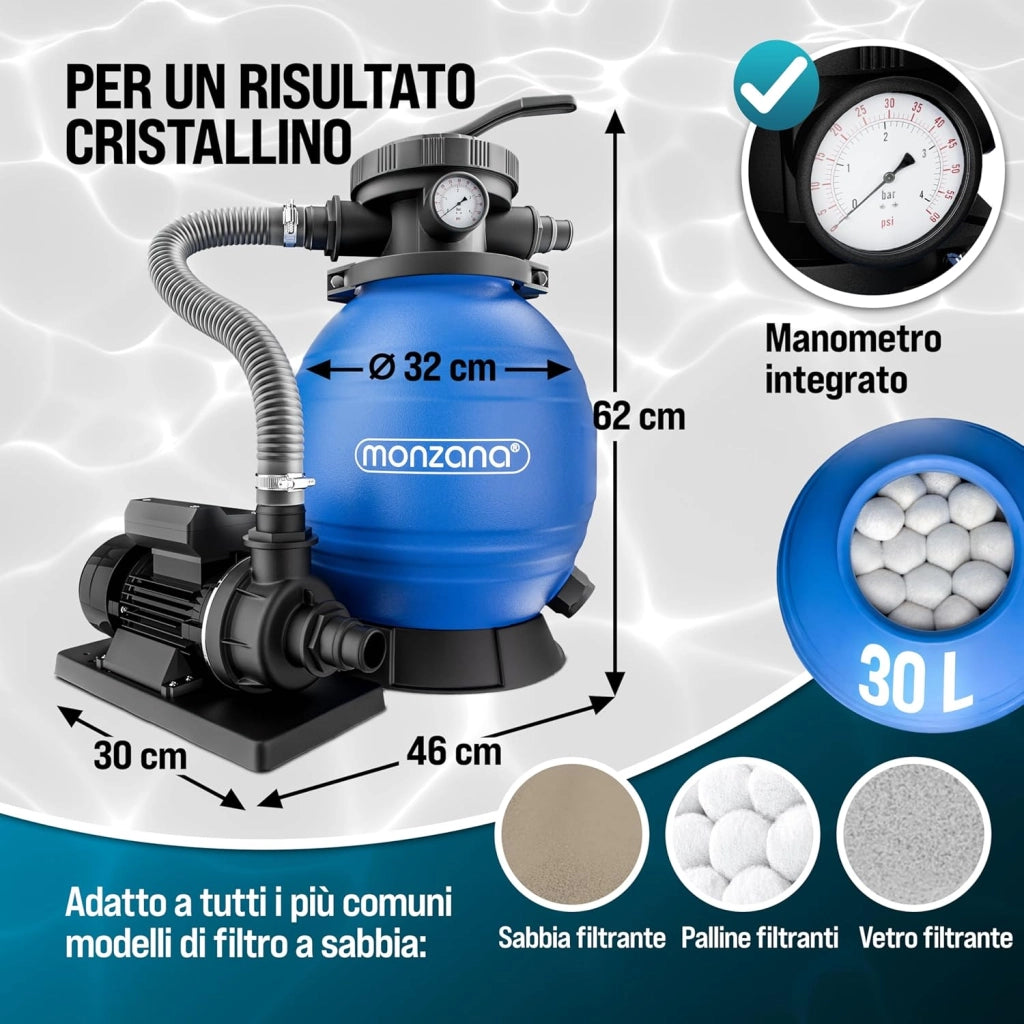 ® Filtro per Piscina a 7 Vie 9.960 L/h Serbatoio 30L con Prefiltro e Sfere Filtranti da 1200g