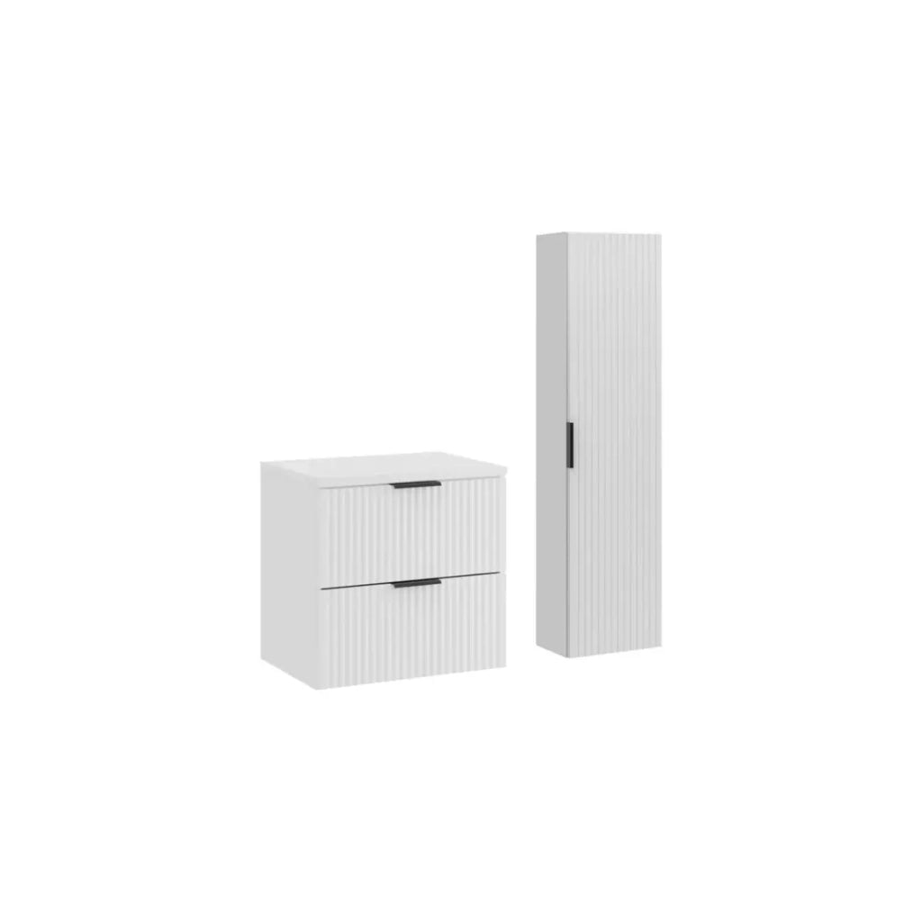 Set da bagno NOXERA 60 cm - Mobile sottolavabo sospeso bianco alpino opaco con piano per lavabo e colonna murale
