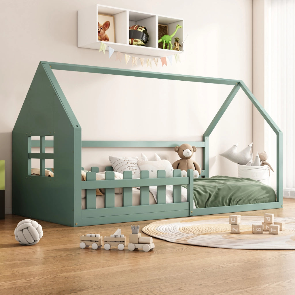 Letto a baldacchino bambini verde in pino e mdf 90x200 cm