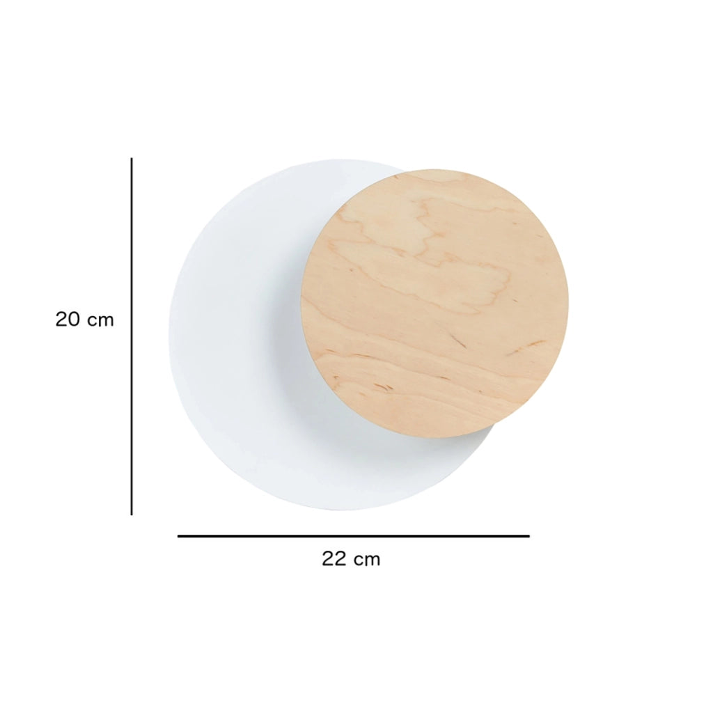 Applique 1 Luce A Disco Con Base In Acciaio Bianco E Legno Naturale