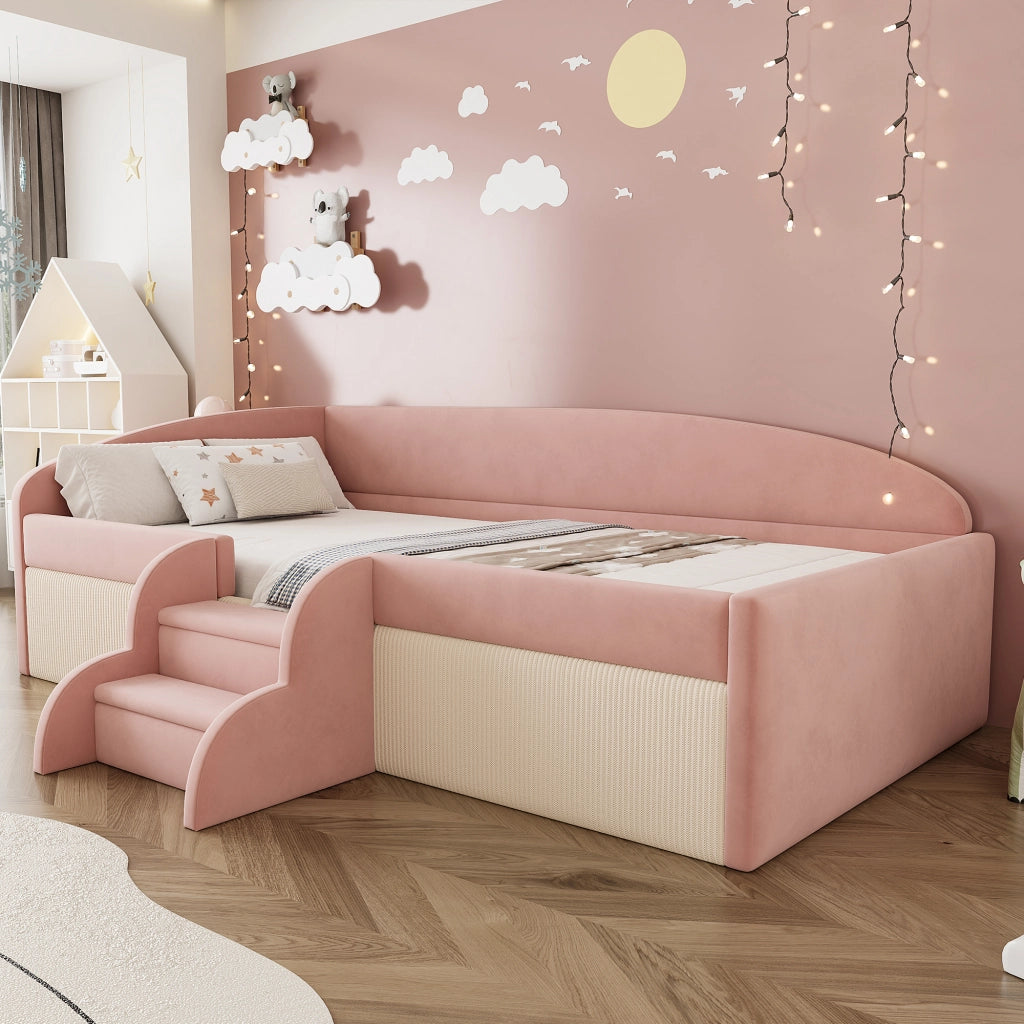 Letto per bambini 90 × 190 cm con scalini antiscivolo e sponda di sicurezza, senza materasso, velluto rosa e bianco crema