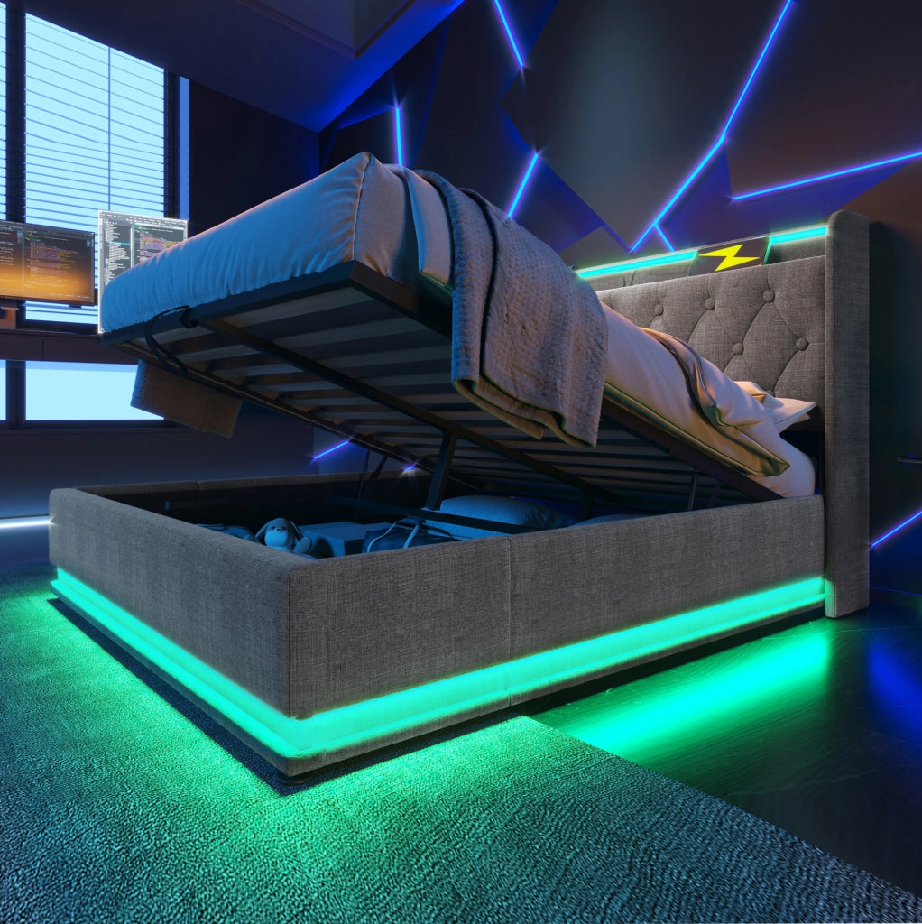 Letto matrimoniale 140x190 cm con contenitore; LED 360°; USB e Type-C; grigio
