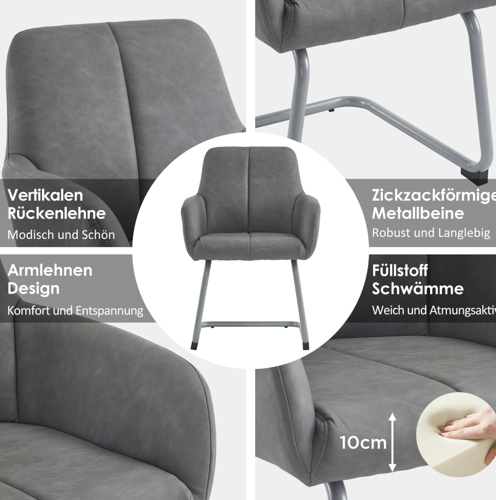 Set 2 sedie da pranzo con braccioli integrati; struttura in metallo; rivestimento grigio