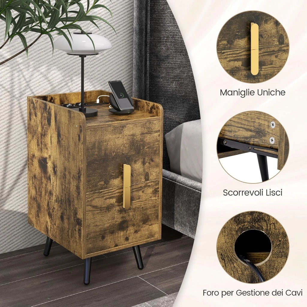 Comodino con Stazione di Ricarica, Comodino con 2 Cassetti, 2 Porte USB e 3 Prese, Tavolino Leterale con Gambe in Metallo, Portata Tolate 20 kg, 32 x 40 x 60 cm (2, Caffè)