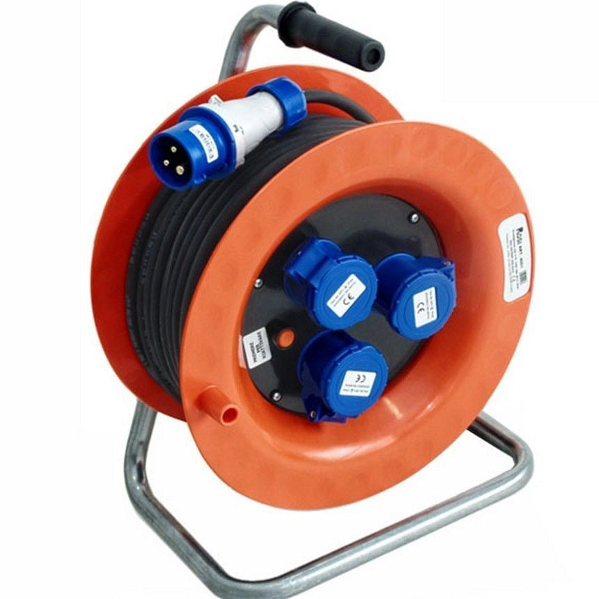 ROSI 4001 Avvolgicavo Industriale con Disgiuntore Termico 30m Cavo HO7RN-F 3x2,5 mmq 3 Prese 16A 2P+T IP44 colore Arancio-Blu