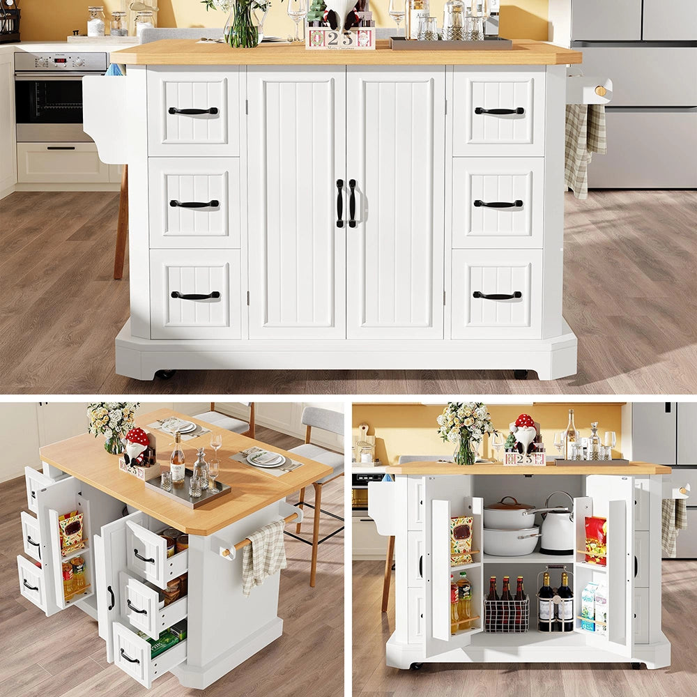 Isola da cucina mobile - Xylo - 120x45(75)x91 cm - bianco/nero - 2 ante e 6 cassetti
