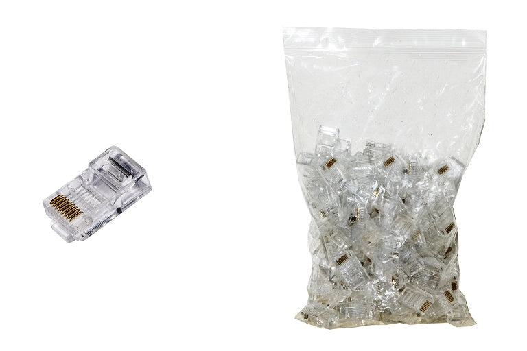 Confezione 100 connettori forati 8 poli - cat 5e utp non schermato - rj45 - per cavo flessibile