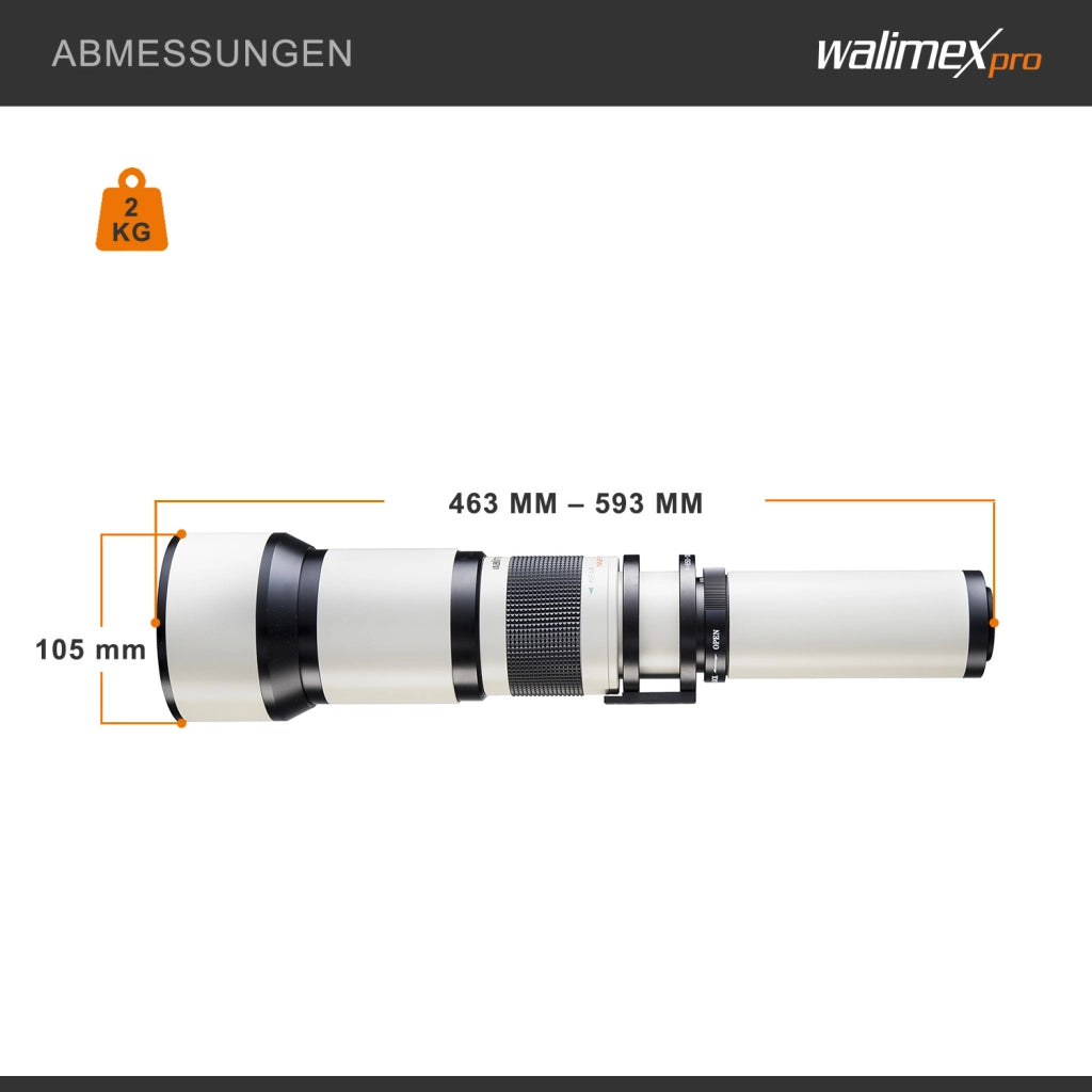 Teleobiettivo 650-1300mm 1:8-16 CSC compatibile con Pentax K – Zoom tele, focus manuale, per full-frame e APS-C – con coperchio e borsa di trasporto