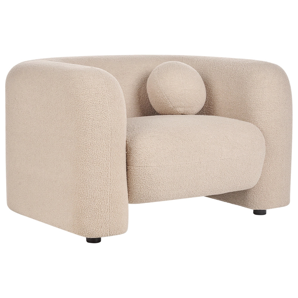 Set da salotto composto da divano e poltrona in bouclè beige 4 posti con cuscini aggiuntivi stile glamour retrò soggiorno