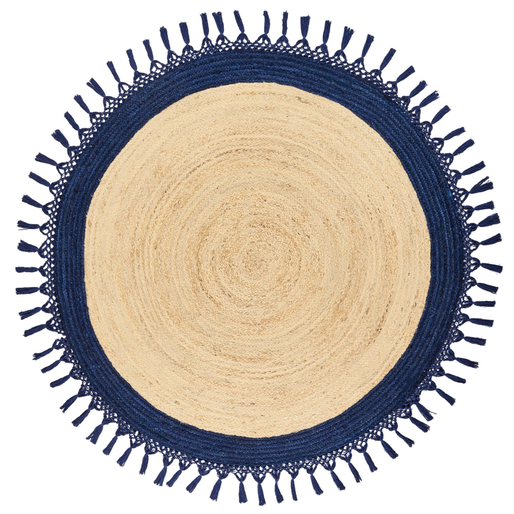 Tappeto Beige e Blu Scuro Rotondo 140 cm Boho Rustico Spirale Intrecciato Fatto a mano Juta Naturale Camera da letto Soggiorno