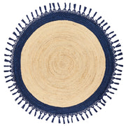 Tappeto Beige e Blu Scuro Rotondo 140 cm Boho Rustico Spirale Intrecciato Fatto a mano Juta Naturale Camera da letto Soggiorno